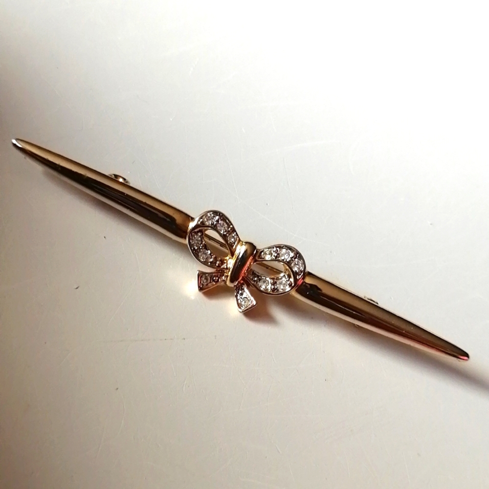 Vintage Clear Diamanté Rhinestone Bow Gold-plated Bar Brooch Pin
